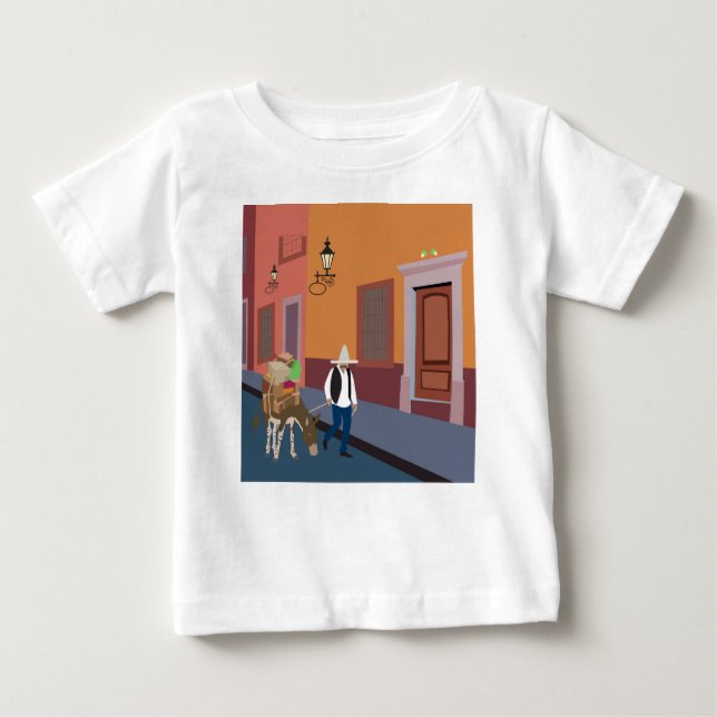 Camiseta Para Bebê Mexicano e Donkey na cidade (Frente)