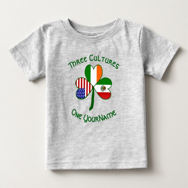 Camiseta Para Bebê Mexicano Irish American Flags Shamrock Seu Nome (Frente)