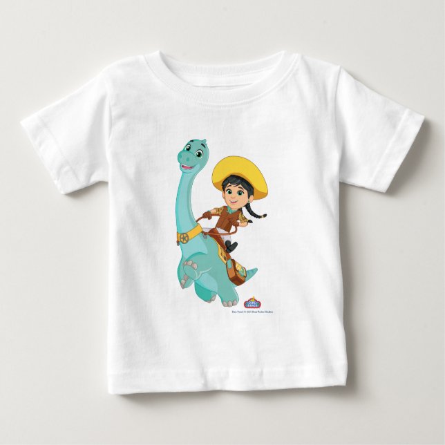 Camiseta Para Bebê Min & Clover | Feliz Cowgirl e Brontosaurus Ride (Frente)