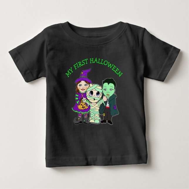 Camiseta Para Bebê Minha Primeira Bruxa de Halloween, Mamãe e Vampiro (Frente)