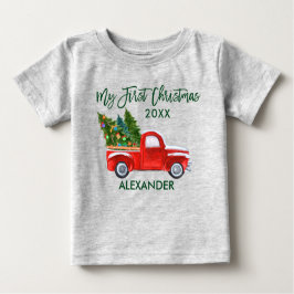 Camiseta Para Bebê Minha Primeira Cinza de Roteiro Verde de Caminhão 
