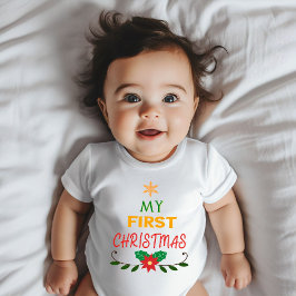 Camiseta Para Bebê Minha Primeira Estrela de Natal e Guirlanda