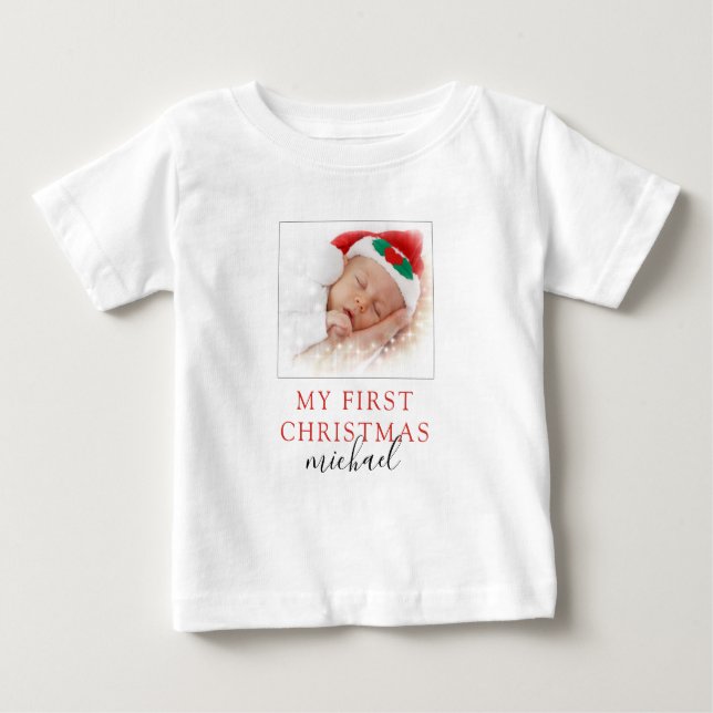 Camiseta Para Bebê Minha Primeira Foto de Natal (Frente)