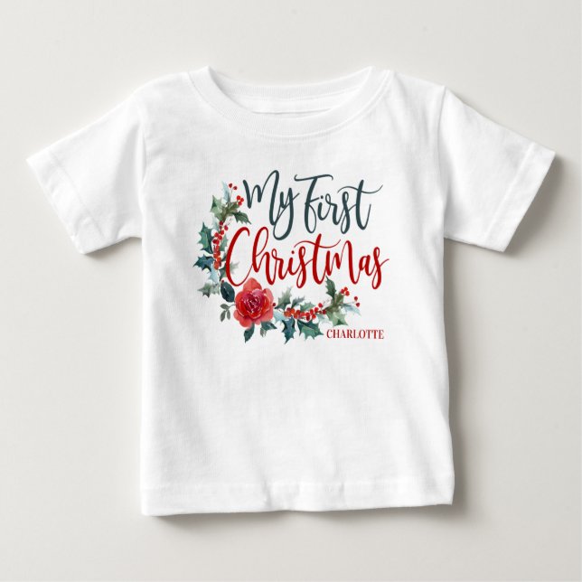 Camiseta Para Bebê Minha Primeira Garota Personalizada Floral de Nata (Frente)