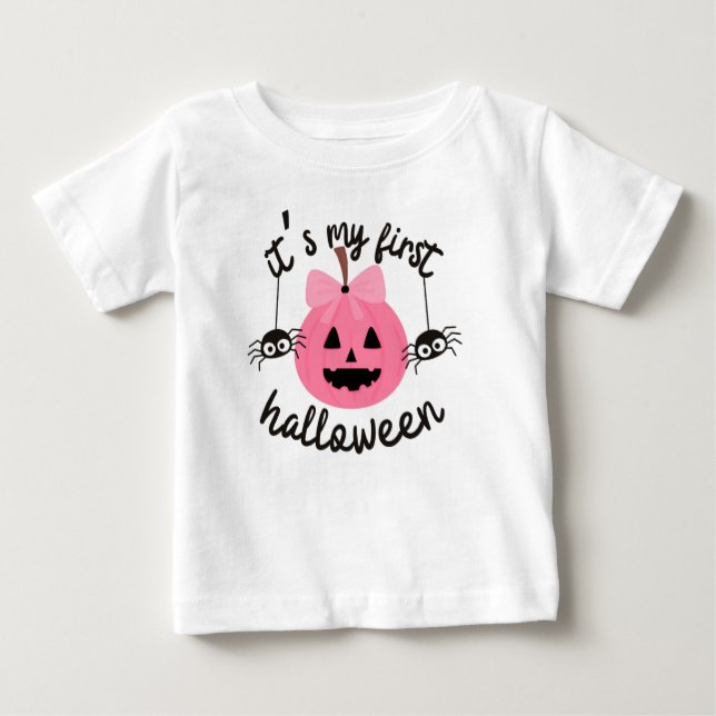 Camiseta Para Bebê Minha Primeira Menina De Pumpkin Rosa Feliz De Hal (Frente)