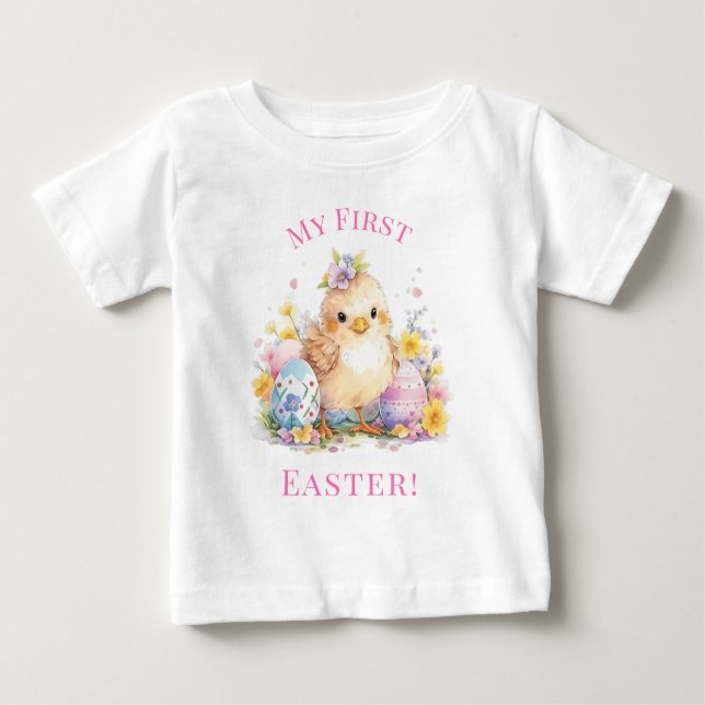 Camiseta Para Bebê Minha Primeira Páscoa, Pintinho De Bebê, Ovos De P (Frente)
