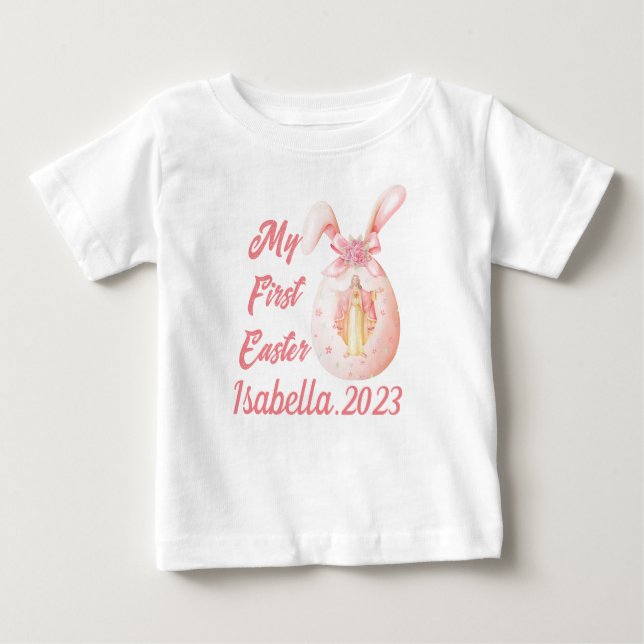 Camiseta Para Bebê Minha Primeira Páscoa Religiosa Jesus Coelhinha (Frente)