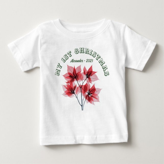 Camiseta Para Bebê Minha Primeira Poinsettia de Natal - Nome do Bebê (Frente)
