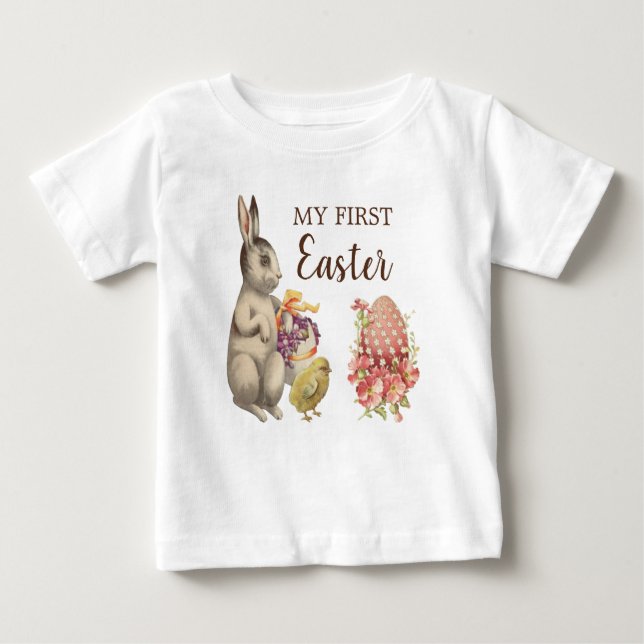 Camiseta Para Bebê Minha Primeira Roupa de Bebê de Páscoa Coelhinho V (Frente)