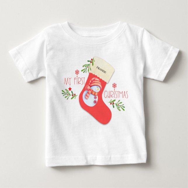 Camiseta Para Bebê Minha primeira safra de Natal com Snowman (Frente)