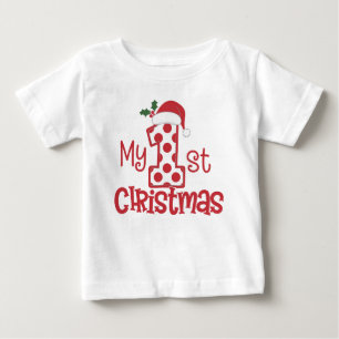 Camiseta Para Bebê Minha Primeira Tipografia de Natal Bolinhas Vermel