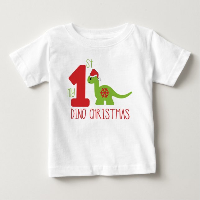 Camiseta Para Bebê Minha Primeira Tipografia De Natal, Dinossauro Gel (Frente)
