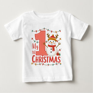 Camiseta Para Bebê Minha Primeira Tipografia de Natal Homem de Neve F