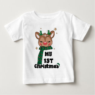 Camiseta Para Bebê Minha Primeira Tipografia de Natal Rena Fofa