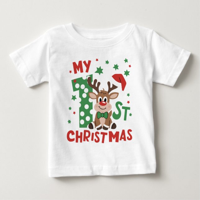 Camiseta Para Bebê Minha Primeira Tipografia de Natal Rena Fofa (Frente)