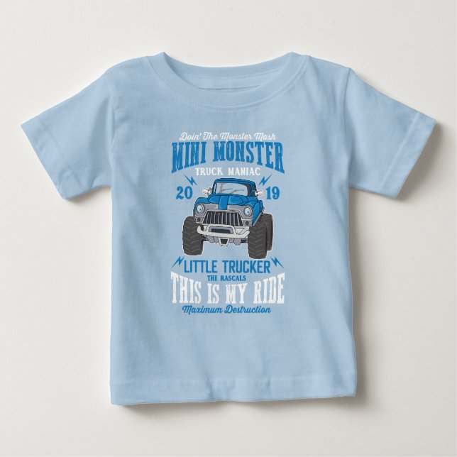 Camiseta Para Bebê Mini Monster Truck Manic Little Trucker Boy (Frente)
