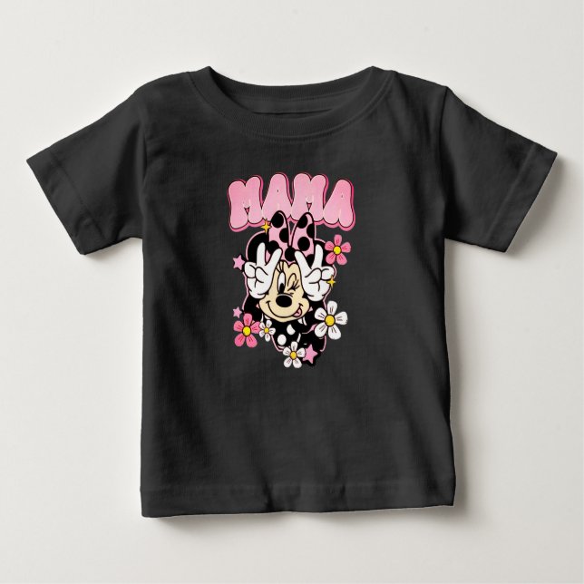 Camiseta Para Bebê Minnie Mouse Mama Peace Sign Flowers Black T-Shirt (Frente)