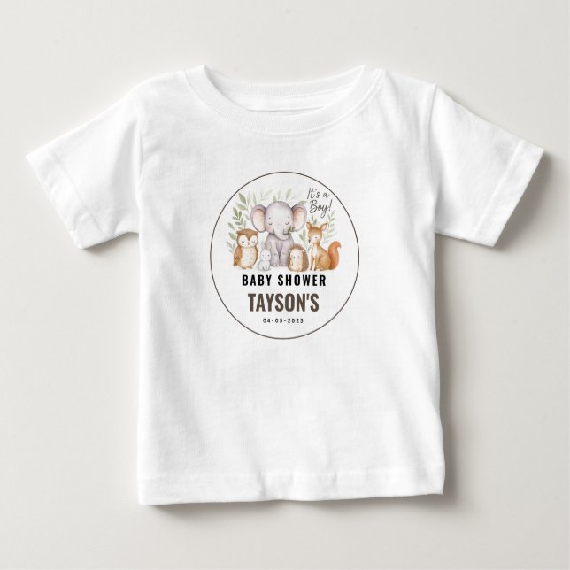 Camiseta Para Bebê Modern Woodland Animals Forest Boy Baby Shower (Frente)