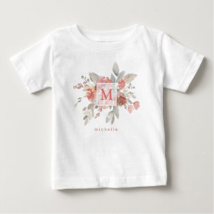 Camiseta Para Bebê Monograma de Aquarela Floral Cor-de-Rosa Escamosa