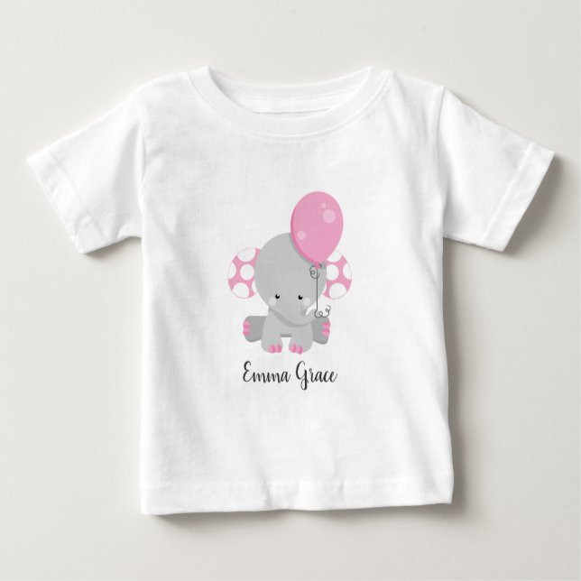 Camiseta Para Bebê Monograma de Bebê Elefante Rosa-Rosa-Bonita (Frente)