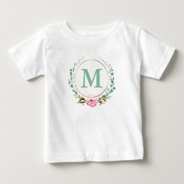 Camiseta Para Bebê Monograma de Terra Floral Rosa Elegante (Frente)