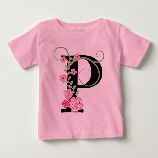 Camiseta Para Bebê Monograma Floral Cor-de-Rosa/Preto Tutu (Frente)