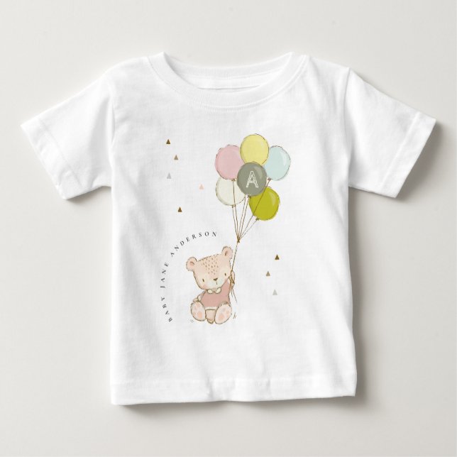 Camiseta Para Bebê Monograma Girly do Balão do Urso Escamudo Cinto El (Frente)