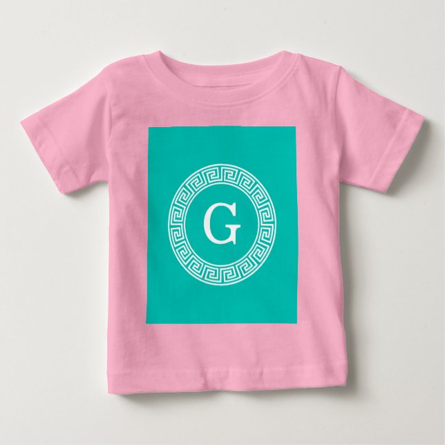 Camiseta Para Bebê Monograma Inicial do Quadro-Chave Grego Teal What (Frente)