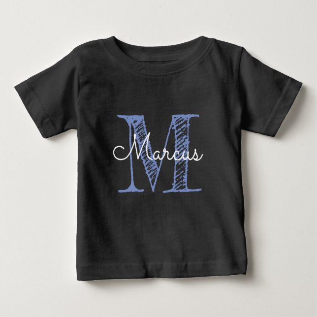 Camiseta Para Bebê Monograma Nome personalizado Baby Boy Black T Shir (Frente)