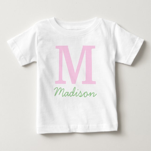 Camiseta Para Bebê Monograma Nome Personalizado Inicial Rosa Verde (Frente)