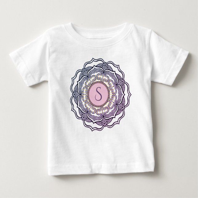 Camiseta Para Bebê Monograma Personalizado Bonita Menina Mandala Bone (Frente)