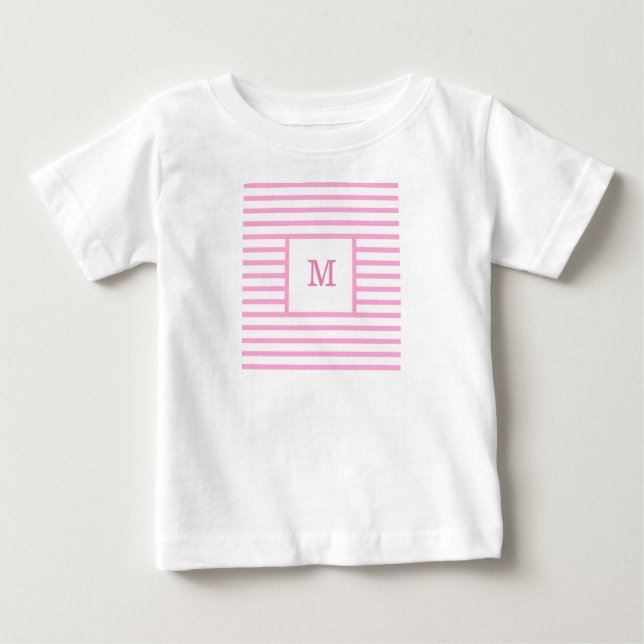Camiseta Para Bebê Monograma Personalizado de Listras Brancas e Rosa (Frente)