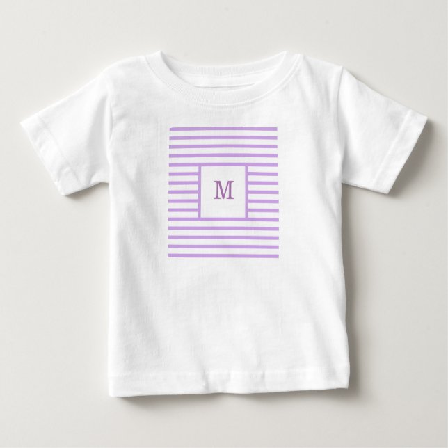 Camiseta Para Bebê Monograma Personalizado de Stripes Púrpura e Branc (Frente)