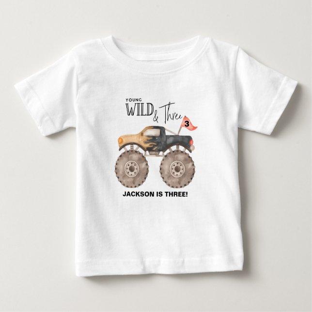 Camiseta Para Bebê Monster caminhão aniversário de 3 anos Young Wild  (Frente)