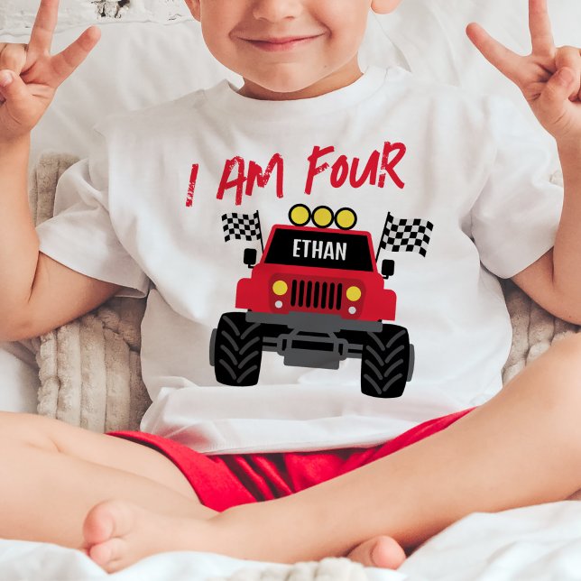 Camiseta Para Bebê Monster Truck Boy 4º Aniversário Personalizado (Criador carregado)