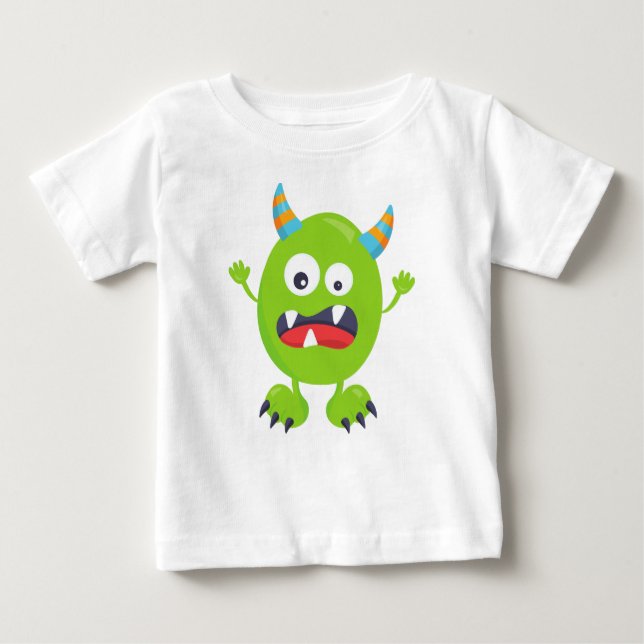 Camiseta Para Bebê Monstro Bonito, Monstro Verde, Monstro Engraçado,  (Frente)