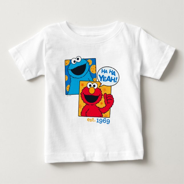 Camiseta Para Bebê Monstro Come Biscoitos & Elmo | Ha Ha Sim (Frente)