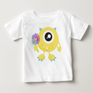 Camiseta Para Bebê Monstro primavera, Monstro Amarelo, Flores, Cornos