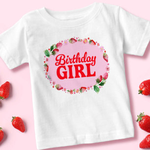 Camiseta Para Bebê Morango Aniversário Rapariga Rosa e Vermelha