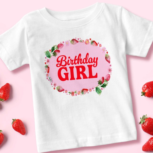 Camiseta Para Bebê Morango Aniversário Rapariga Rosa e Vermelha (Strawberry Birthday Girl Pink and Red Baby T-Shirt)