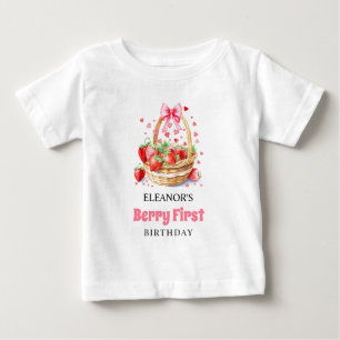 Camiseta Para Bebê Morangos e arcos rosados Berry Primeiro Aniversári