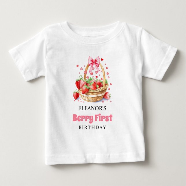 Camiseta Para Bebê Morangos e arcos rosados Berry Primeiro Aniversári (Frente)
