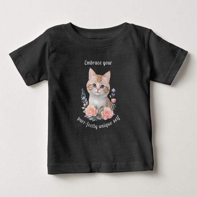 Camiseta Para Bebê Motivação de Design Floral de Gato Gato (Frente)