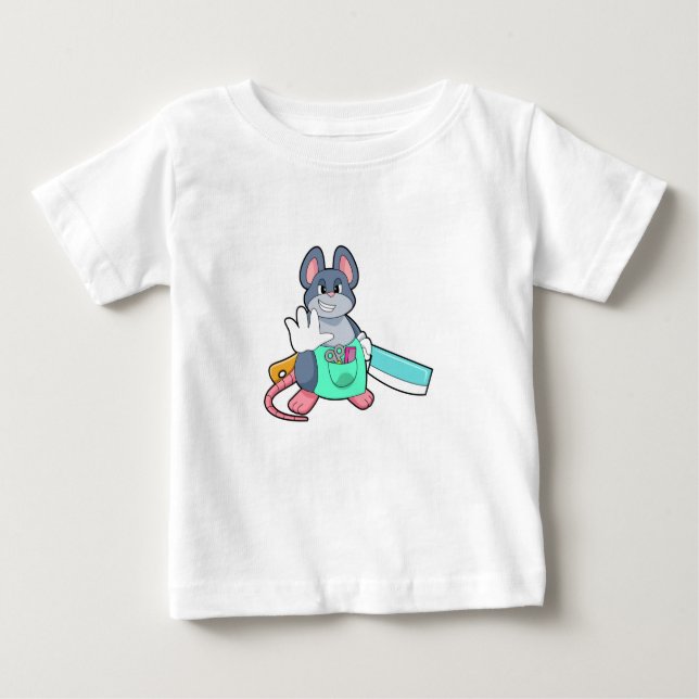 Camiseta Para Bebê Mouse como cabeceira com tesoura e pente (Frente)