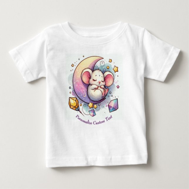 Camiseta Para Bebê Mouse fofo personalizado dormindo em meia lua (Frente)