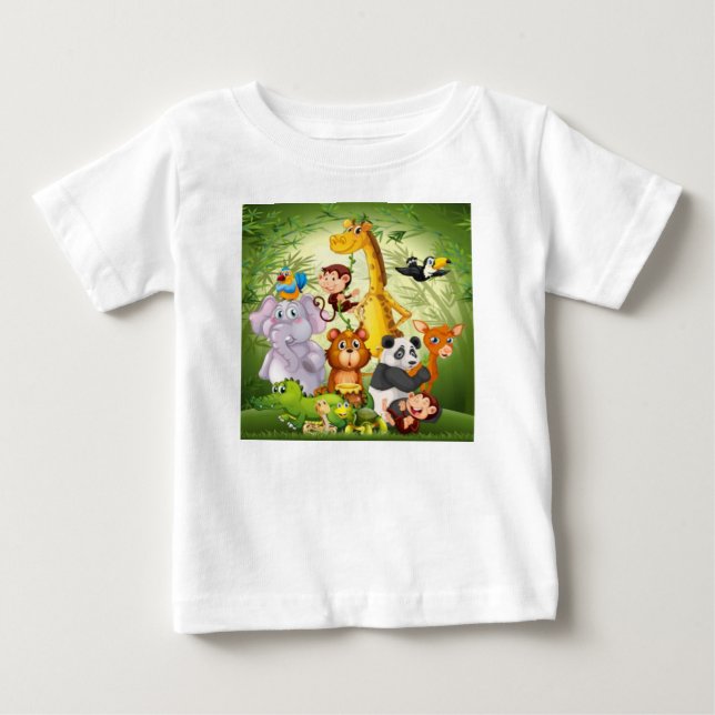 Camiseta Para Bebê Muitos Animais Curiosos Floresta de Bambu (Frente)