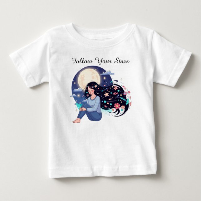 Camiseta Para Bebê Mulher Celestial Segue Tuas Estrelas Arte Impresso (Frente)