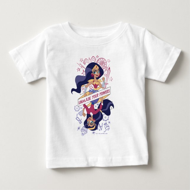 Camiseta Para Bebê Mulher Maravilha Desmascarar Seus Poderes (Frente)