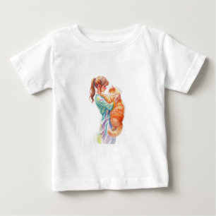 Camiseta Para Bebê Mulher segurando gato Maine Coon laranja fofinho