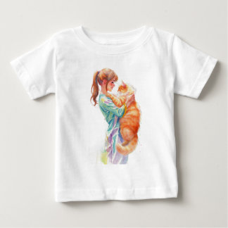 Camiseta Para Bebê Mulher segurando gato Maine Coon laranja fofinho